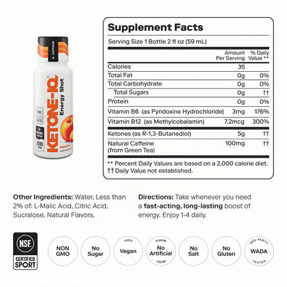 Ketone-IQ Caffeine Ketone Shots for Focus, Peach
